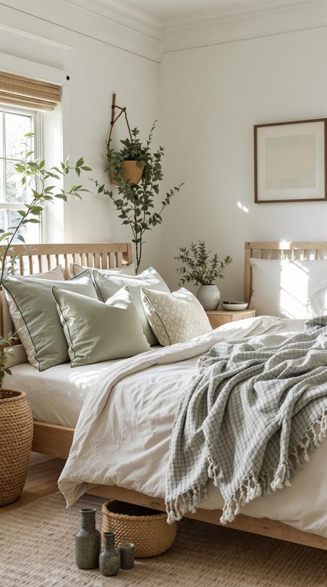 Sage Green Farmhouse Bedroom Pnw Aesthetic Home, Sage And White Bedroom, Aesthetic Bedroom Green, Sage Green And Beige Bedroom, Sage Green Room Aesthetic, Bedroom Decor Sage Green, Sage Bedroom Ideas, Sage Green Farmhouse Bedroom, Green Farmhouse Bedroom