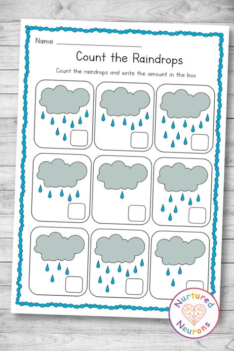 It's raining outside so why not help your little learners to develop their counting and number formation skills with this early math worksheet? They'll need to carefully count the raindrops then write the correct amount in the boxes. Grab this kindergarten worksheet over at Nurtured Neurons! #rain #weatherworksheets #kindergartenworksheets #counting #countingsheets #earlymath #eyfs #springworksheets #weatheractivities Spring Kids Activities, Spring Math Activities, Counting Worksheets For Kindergarten, Counting Worksheet, Weather Worksheets, Prewriting Skills, Number Formation, Spring Math, Counting Worksheets