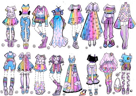 CLOSED-Sky Rainbow outfits by Guppie-Vibes on DeviantArt Fashion Drawing Sketches, Clothing Design Sketches, Rainbow Outfit, 다크 판타지, Drawing Anime Clothes, Fashion Design Drawings, Drawing Clothes, Kawaii Drawings, Drawing Base