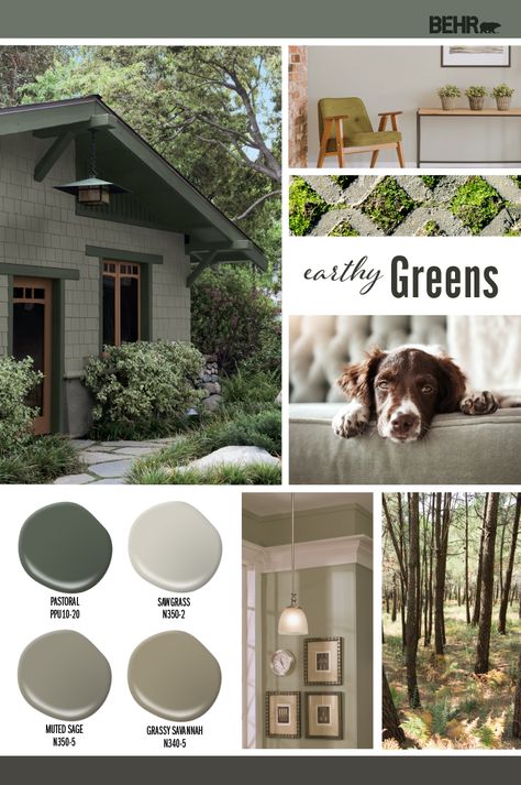 Paint colors like Pastoral PPU10-20, Muted Sage N350-5, Sawgrass N350-2, and Grassy Savannah N340-5 can all be found in nature. These earthy greens are great color choices for the interior or exterior of your home. Colorfully yours, Larayne More Articles You Might LikeSoothing GreensColor of the Month: Lucky CloverSimply Beige Olive Green Painted Brick House, Muted Exterior House Colors, Behr Sawgrass Paint, Sawgrass Behr Paint, Forest Green Exterior House Colors, Green Craftsman Exterior, Earth Tone Exterior House Colors, Mobile Home Exterior Paint, Olive Green Exterior House Colors