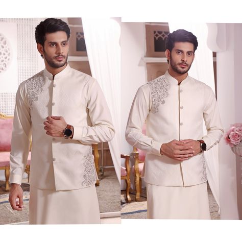 Colour: Off White Fabric: Jamawar Men's Formal Jamawar Waistcoat with Matching Blended Kameez Shalwar having Band Collar and Cuff Sleeves. Boski Shalwar Kameez Men, Shalwar Kameez With Waistcoat For Men, Mens Mehndi, Purple Waistcoat, White Salwar Kameez, Embroidered Waistcoat, Mens Waistcoat, Men's Waistcoat, Waistcoat Men