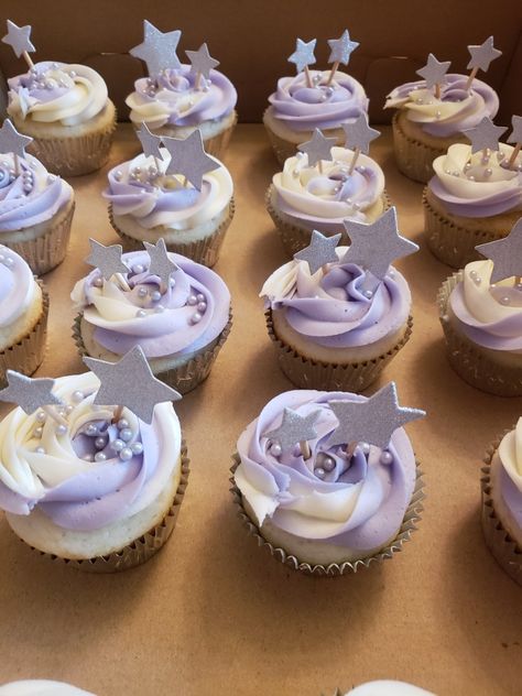 2 The Moon Cupcakes, Two The Moon Birthday Cupcakes, Moon Themed Cupcakes, Purple Star Birthday Party, Star Themed Cupcakes, Moon And Star Cupcakes, Two The Moon Cupcakes, Celestial Cupcakes, Moon Cupcakes