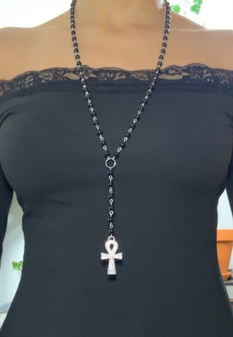 Long beaded ankh rosary with an ankh charm hanging on the back.  Website- elementalecstasy.org  Depop: elementalecstasy Instagram- elementalecstasy  We also sell ankh belts! Spiritual Beaded Necklace, Ankh Belt, Rosary Outfit, Ankh Rosary, Gothic Rosary, Ankh Jewelry, Long Necklace Silver, Emo Jewelry, Gothic Emo