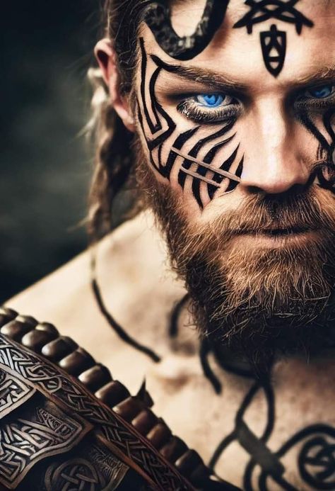 Men’s Face Paint Ideas, Viking Man Makeup, Mens Viking Makeup, Viking Make Up Men, Mens Face Paint, God Makeup, Medieval Makeup, Makeup Beard, Elven Makeup