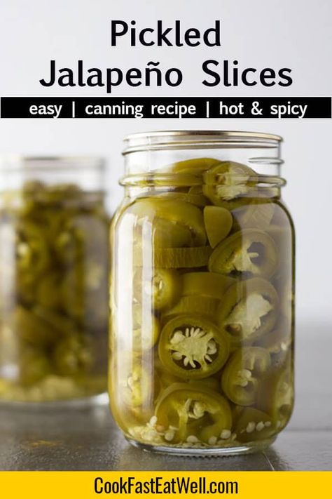 Pickled Jalapenos are quick & easy to make! Recipe makes hot and spicy canned jalapenos. Uses include toppings for tacos, chicken and beef nachos, pizza, and more. No sugar added! #canning #peppers #easy #easyrecipe #homemade Jarring Recipes, Pickled Jalapeno Recipe, Canning Jalapeno Peppers, Freezing Veggies, Pickled Jalapeno Peppers, Canned Jalapenos, Food Basics, Pickled Jalapenos, Preserving Recipes