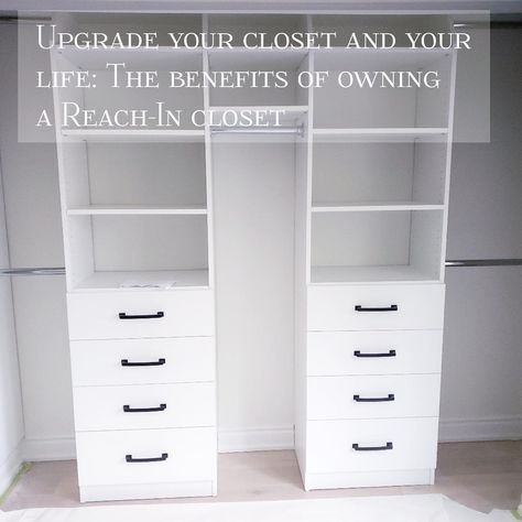 Reach In Closet For Two, Custom Closet Reach In, Reach In Closet Ideas For Couples, Long Reach In Closet Ideas, Shared Master Closet Organization, Shared Reach In Closet, Closet Organization Ideas For Couples, Closet Design Layout Reach In, Double Reach In Closet Ideas