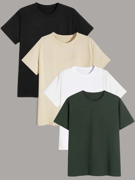 Multicolor Basics  Short Sleeve Polyester Plain  Embellished Slight Stretch Summer Men Tops Plain Tees Outfit Men, Basic Shirts For Men, Round Neck T Shirts For Men, Plain T Shirt Outfit Men, Plain Tshirt Outfit Men, Basic Outfits Men, Plain Tshirt Outfit, Solid Tshirts, Plain Tee Outfit