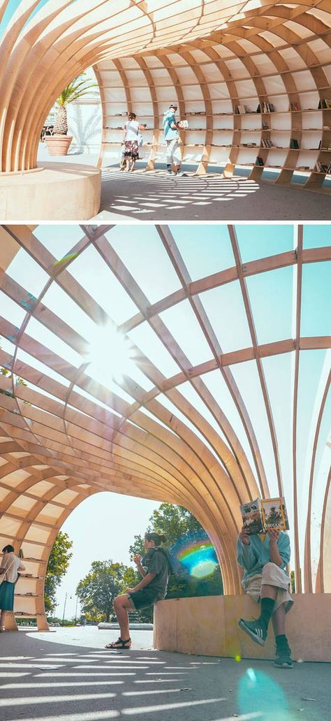 Street Library, Timber Architecture, Modern Architecture Interior, Pavilion Architecture, Pavilion Design, Library Architecture, Parametric Architecture, Wood Architecture, Parametric Design