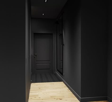 Black Home Interior, Modern Minimal Interior, Concrete Interior Design, Black Hallway, Dark Interior Design, Upside Down House, Black Houses, Black Rooms, Contemporary Lighting Design