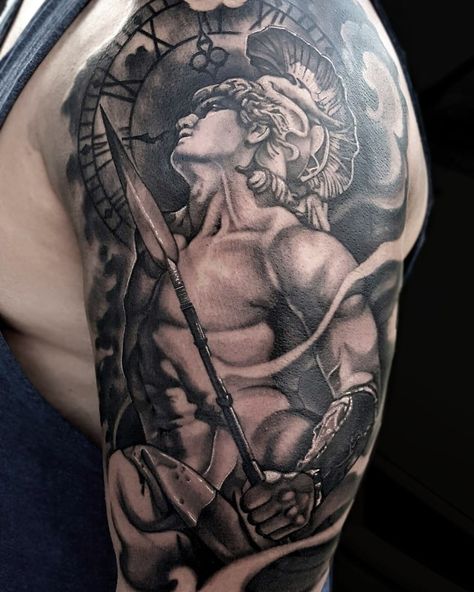 Greek warrior god sleeve tattoo by Tony Davis @ Soular Tattoo Hermes God Tattoo, Greek Tattoos Sleeve, Ares God Tattoo, God Sleeve Tattoo, Ares Tattoo Design, Greek Warrior Tattoo, Hermes Tattoo, Ares Tattoo, Tattoos Greek