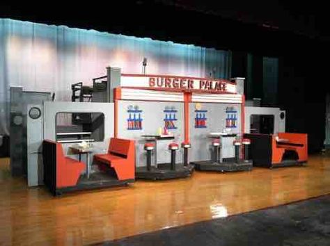 Grease Play Set Design, Diner Set Design, Grease Musical Set Design, Footloose Set Design, Grease Set Design, Grease Props, Footloose Musical, Theater Set Design, Musical Set Design