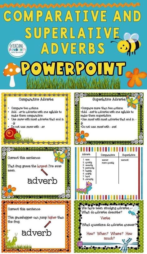 Are you needing teaching activities to help your students understand comparative and superlative adverbs in your grammar class? This PowerPoint lesson is your answer. Students will enjoy this brightly colored PowerPoint as they learn about the comparative and superlative forms of adverbs. Comparative And Superlative Adverbs, Parts Of Speech Practice, Comparative And Superlative, Display Boards For School, Subject And Predicate, Powerpoint Lesson, 5th Grade Classroom, Language Art Activities, Teaching Grammar