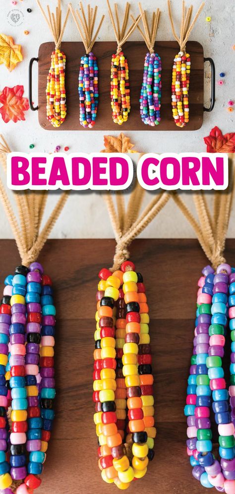 Beaded corn made with pipe cleaners is a fall craft that is easy and beautiful! This colorful pipe cleaner beaded corn can be used for decoration this fall all the way through Thanksgiving. Fun Fall Arts And Crafts For Kids, Diy Fall Kids Crafts, Easy Kid Crafts For Fall, November Crafts For Middle School, Crafts For Kids September, Fall Crafts For Big Kids, Corn Beads Craft, Bead Corn Craft, Fall Crafts For Preteens