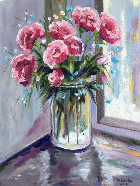 Pink carnations Pink Carnation Painting, Carnation Flower Painting, Carnations Painting, Carnation Painting, Blue Carnations, Carnation Bouquet, Mother Painting, Gcse Art Sketchbook, Red Carnation