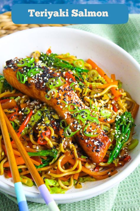 If you need a quick and healthy dinner that is full of flavour, try these delicious Teriyaki Salmon Noodles. The salmon cooks in an air fryer or oven till perfectly flaky, and the stir fry noodles are whipped up in the time the fish cooks. A delicious teriyaki inspired sauce and marinade brings everything together. Teriyaki Salmon Noodles Recipe, Salmon With Ramen Noodles, Asian Salmon And Noodles, Teriyaki Salmon Stir Fry, Fish Stir Fry Recipes, Salmon Stir Fry Recipes, Salmon And Noodles, Teriyaki Fish, Salmon Noodles