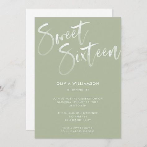 Sweet 16 Invitation Ideas Green, 16 Birthday Party Ideas Sage Green, Sage Green Birthday Party Theme, Sweet 16 Color Schemes Green, Sweet 16 Decorations Sage Green, Sweet 16 Invitations Green, Sweet 16 Inspo Green, Sage Green Birthday Invitations, Sweet 16 Party Ideas Themes Sage Green