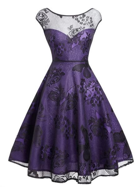 Purple 1950s Mesh Floral Swing Dress – Retro Stage - Chic Vintage Dresses and Accessories Mesh Floral Dress, 1950s Dress Patterns, Retro Stage, Mesh Overlay Dress, Gaun Fashion, Standard Dress, Purple Iris, Overlay Dress, Floral Lace Dress