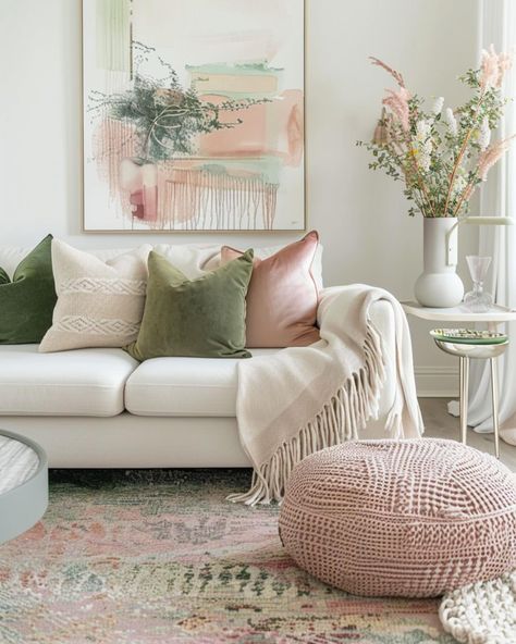 How to use pink and green in your living room 💚🌸 Before diving into specific decor ideas, it’s essential to understand the psychological impact of the colors pink and green. Pink, often associated with love and kindness, has a calming effect and can make a space feel more nurturing and warm. On the other hand, green, reminiscent of nature, promotes a sense of balance and renewal. Together, these colors can create a living room environment that feels both energized and relaxed, perfect for e... Pink Aesthetic Interior Design, Sage And Blush Room, Colorful Wall Decor Ideas, Sage And Pink Decor, Green And Pink House Decor, Home Decor Ideas 2024 Trends, Sage And Pink Living Room, Pink And Green Interior Design, Home Decor Ideas Green