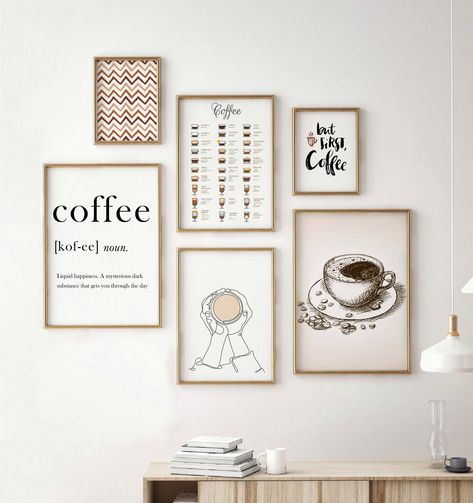 "Abstract Coffee wall art. Posters of coffee definition, line art and abstract coffee bar. Gallery wall set of 6 prints. Printable wall art #250 ------------------------------------------------------ ❗ This item is for DIGITAL DOWNLOAD. No physical item will be shipped. The frame is not included ------------------------------------------------------ Prints will be available immediately after purchase to print yourself at home or in a local print shop, or upload the files to an online printing se Coffee Wall Art Decor, Coffee Wall Decor Ideas, Cafe Art Wall, Cafe Frames, Coffee Bar Art Decor, Wall Art Coffee, Coffee Shop Decoration, Coffee Decorations, Coffee Printable