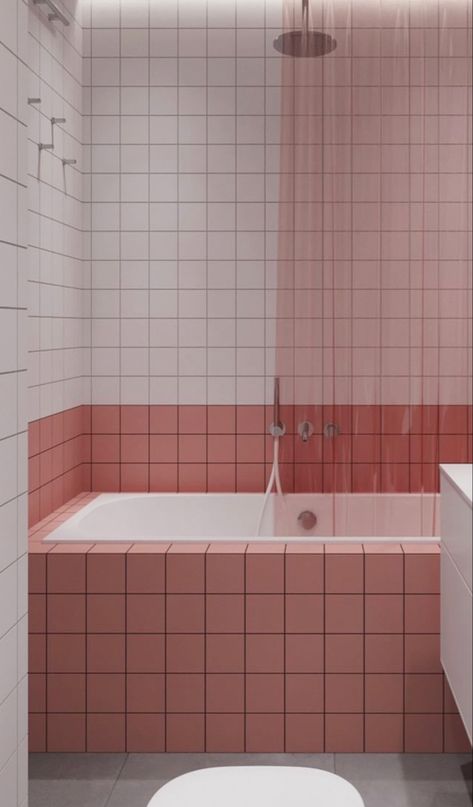 Coloured Grout Bathroom, Pink Tile Bathroom, Blue Green Bathrooms, Tiled Bath, Pastel Bathroom, Pink Bathroom Tiles, White Bathroom Tiles, Rosa Coral, Bright Bathroom