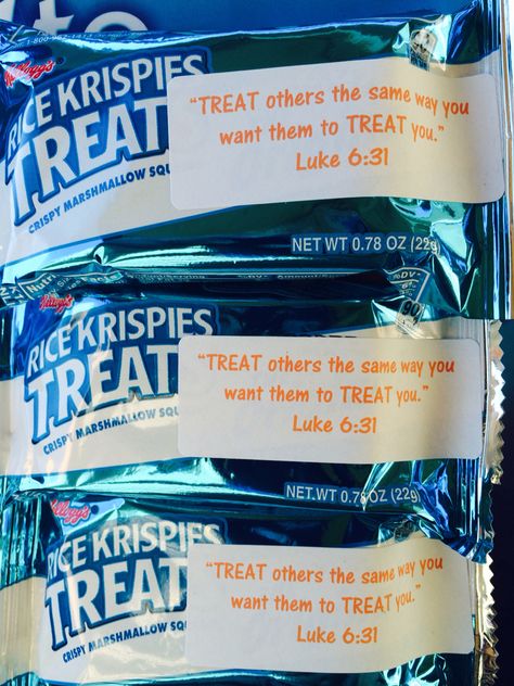 Last night's lesson!   How do we reflect God?   There are many answers, but we centered on following the 10 Commandments and living the Golden Rule--Luke 6:31. Halloween is this coming Friday, so I tied in the "trick or TREAT" theme with Rice Krispy Treats with a version of the Luke 6:31 verse (The Golden Rule) "TREAT others the same way you want them to TREAT you!" Luke 6 31, Christian Halloween, Fall Carnival, Childrens Sermons, Food Decorations, Church Youth, Christian Crafts, Sunday School Activities, 10 Commandments