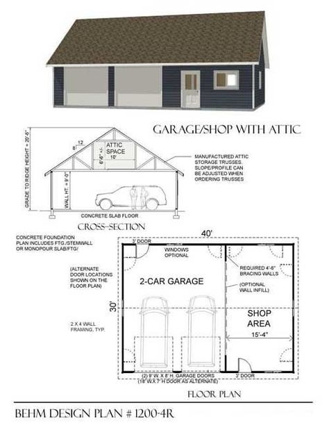 Garage With Shop, Car Garage Plans, Attic Truss, Garage Shop Plans, Garage Workshop Layout, 2 Car Garage Plans, Plan Garage, Workshop Plans, Garage Apartment Plans