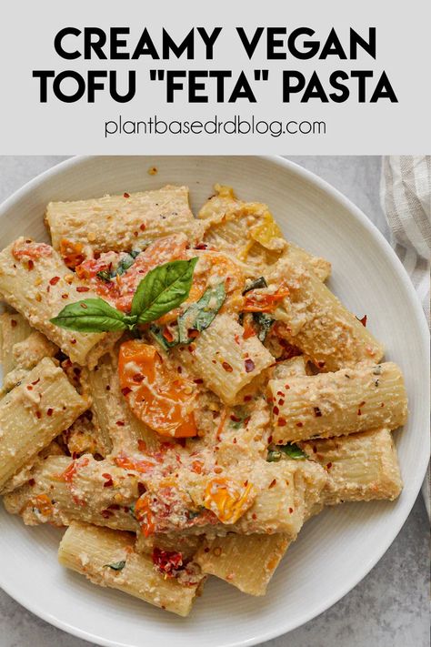 Vegan Feta Tomato Pasta, Tofu Tomato Pasta, Tofu Recipes Pasta, Vegan Baked Feta Pasta, Pasta And Tofu Recipes, Tofu Feta Vegan, Tofu And Pasta, Tofu Pasta Recipes, Vegan Tofu Pasta