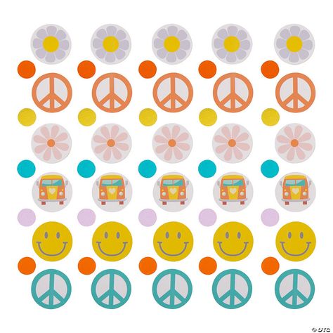 Scatter around some groovy vibes for your next party! This groovy confetti features images of smile faces, flowers, and peace signs as well as some bright ... Confetti Sign, Groovy Party, Beverage Station, Groovy Vibes, Smile Images, Drink Station, Peace Signs, New Years Decorations, Eve Parties