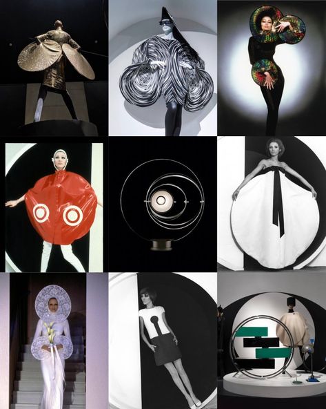 Pierre Cardin’s 1967 “CosmoCorps” collection revolutionized futuristic fashion and he was obsessed with geometric shapes and circles in particular. 70s Runway Fashion, 60s Moodboard, Pierre Cardin 60s, Pierre Cardin Fashion, Retro Futurism Fashion, Space Age Fashion, Futurism Fashion, Fashion Major, Decades Fashion