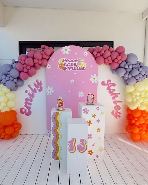 Double the cake and double the fun at twins Emily & Ashley's 13th bday bash! 🌼☮️ Planning, design, backdrops & balloons: @dreams2realitydesign Cake: @sweetclementinecm 📷 : @dreams2realitydesign #evite #13thbirthday #kidsbirthday #twinsbirthday Twin Birthday Parties, Twin Birthday, Backdrop Design, Stage Decorations, 13th Birthday, Birthday Party Decorations, House Decor, Birthday Celebration, Birthday Decorations