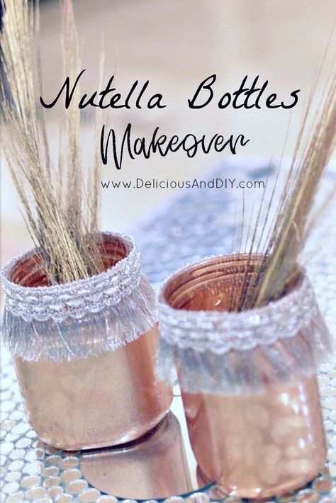 Nutella Bottles Makeover using a spray paint and lace trim| Spray Painted Bottles| Home Decor| Upcycled Bottles and Jars| Nutella Bottles Makeover Ideas| Recycling Old Bottles Nutella Jar Diy, Wood Coasters Diy, Spray Painted Bottles, Upcycled Bottles, Diy Vases, Nutella Jar, Clay Crafts For Kids, Painted Bottles, Kids Clay