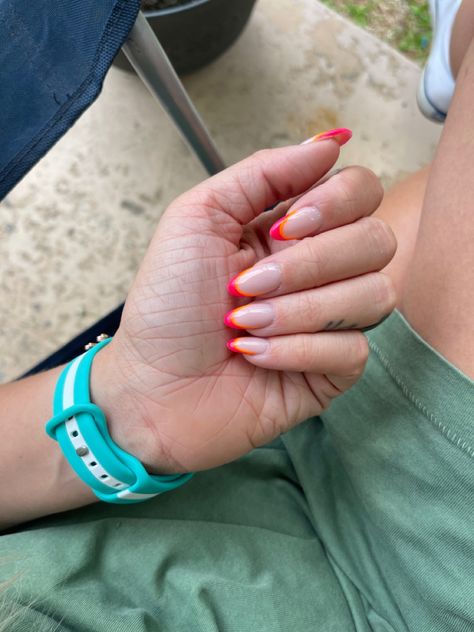 Neon Coral French Tip Nails, Summer Nails Pink And Orange French, Pink Orange Nails French, Basic Nails For Summer, Hot Pink And Orange Nails French Tip, Neon Pink And Orange French Tip Nails, Pink Orange French Tip Nails, Pink And Orange French Nails, Bright French Tip Nails Summer