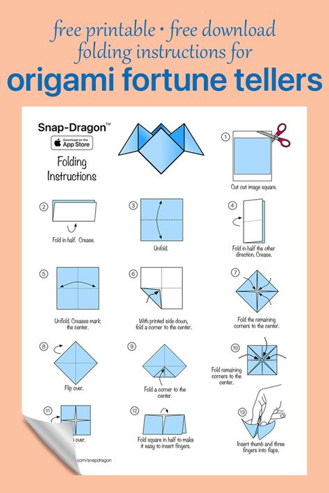 Link to a download of an illustrated, step-by-step instruction sheet on how to fold an origami cootie catcher. How-to sheet is from the SnapDragon app for iPhone and iPad. SnapDragon app is a special editor for designing a fortune teller that you can print, trim and fold. What makes SnapDragon special is that you can include panels with photos! How To Fold A Cootie Catcher, Paper Fortune Teller Ideas, Paper Fortune Teller, Origami Fortune Teller, Fortune Teller Paper, Cootie Catcher, Free Print, How To Fold, Fortune Teller