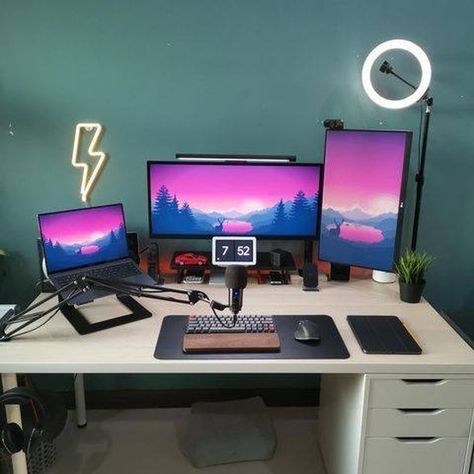 Web Developer Office Setup, Pc And Laptop Setup, Two Monitors And Laptop Setup, Desk Setup With Laptop And Monitor, Monitor And Laptop Setup, Desk Set Up With Laptop And Monitor, 2 Monitors And Laptop Setup, Designer Desk Setup, Laptop Setup Ideas