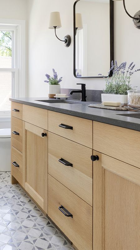 Wood Vanity With Gray Countertop, White Oak Vanities Bathroom, Light Ash Bathroom Vanity, Basement Ensuite, Natural Wood Bathroom Cabinets, Primary Vanity, Light Wood Bathroom Vanity, Oak Vanity Bathroom, Vanity Styles