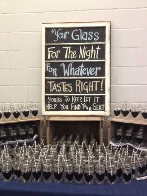 We gave pint jars as their glass for the night! Pint Glass Wedding Favor, Table Name Card, Original Wedding Ideas, Favor Table, Wedding Favor Table, Table Name, Great Gatsby Party, Glass Wedding, Pint Jars