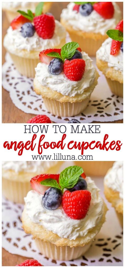 Fluffy and light Angel food cupcakes are the tastiest dessert—especially with a pineapple flavored whipped topping. #angelfoodcupcakes #angelfood #cupcakes #dessert Angelfood Cupcakes, Angle Food Cupcakes, Whipped Pineapple, Pineapple Topping, Perfect Cupcake Recipe, Tasty Cupcakes, Angel Food Cupcakes, Food Cupcakes, Angel Food Cake Mix Recipes