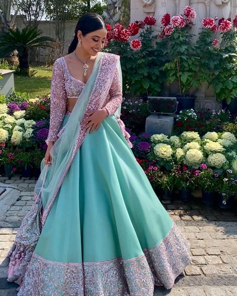 10 Trendy Lehengas That Are Perfect For The Summer Brides! Light Blue Indian Outfit, Baby Pink Bridal Lehenga, Bridal Lehenga Colour, Blue Indian Outfit, Light Blue Lehenga, Lehenga Color Combinations, Lehenga Pink, Pink Bridal Lehenga, Bridal Lehenga Designs