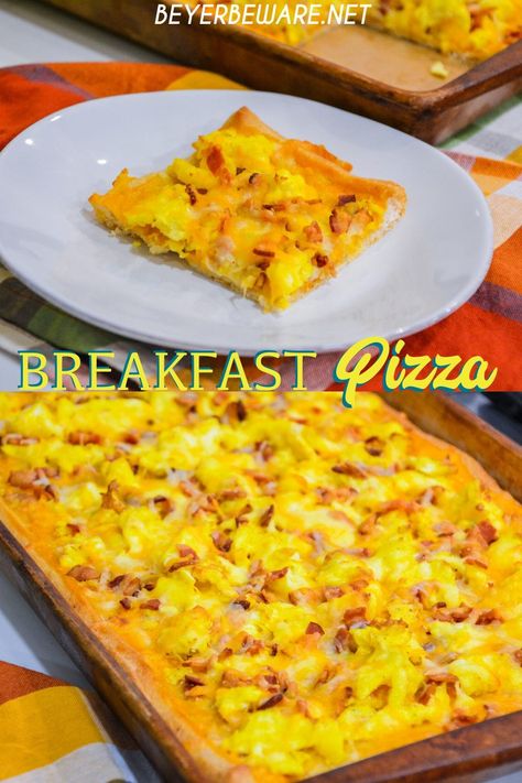 Cheesy bacon breakfast pizza is made with a refrigerated pizza crust, cheese sauce, scrambled egg, and bacon topped off with more cheese and garlic butter for a decadent breakfast treat. Caseys Breakfast Pizza, Handheld Breakfast, Easy Breakfast Pizza, Pizza Eggs, Bacon And Cheese Quiche, Egg And Bacon, Breakfast Casserole Bacon, Breakfast Pizza Recipe, Pillsbury Recipes