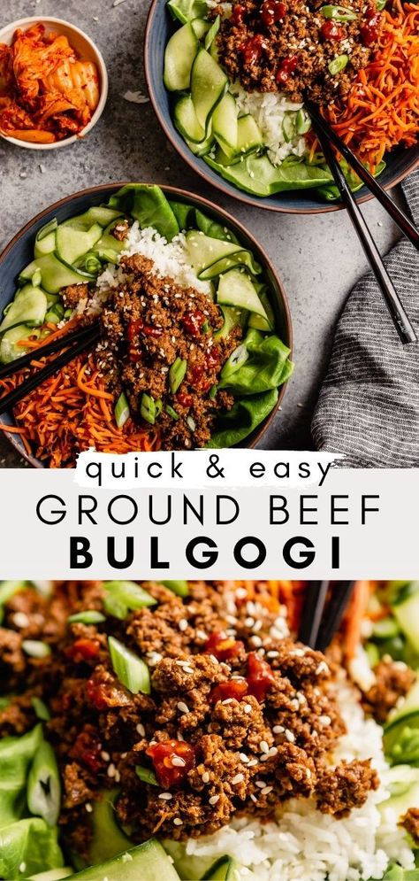 Korean Ground Beef And Rice Bowls Healthy, Beef Bulgogi Recipe Ground Beef, Ground Chicken Bulgogi, Quick Bulgogi Beef, Kimchi Ground Beef, Ground Beef Poke Bowl, Ground Beef And Tofu Recipe, Beef Bulgogi Hello Fresh, Ground Bulgogi Recipe