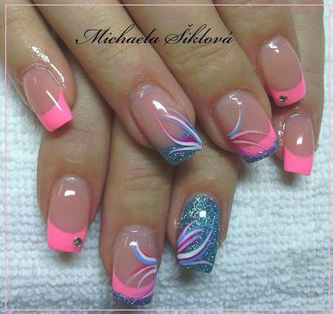 . French Tip Spring Nail Designs, Fingernail Designs Spring, Colorful French Tip Nails Short, Fingernail Designs For Short Nails, Creative French Tip Nails, Spring French Manicure, Spring French Nails, Spring French Tip Nails, Pink And Blue Nails