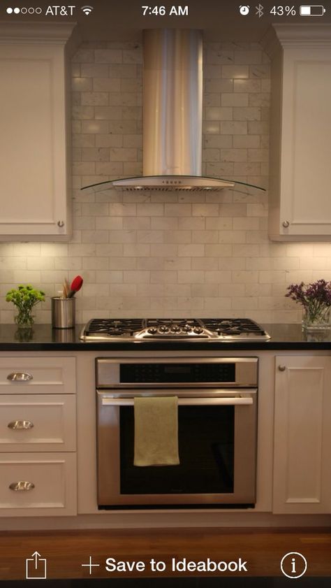 Tile all the way up around range. Hood like this. Black Granite Countertops, Herringbone Backsplash, Kitchen Hoods, Classic Kitchen, Kitchen Decorating, Kitchen Tile, Kitchen Redo, Trendy Kitchen, Painting Kitchen Cabinets