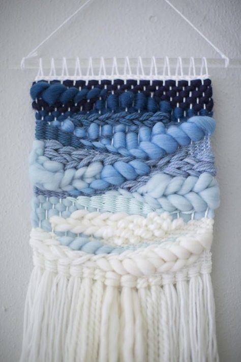 Blue Ombre Wall, Wall Weave, Blue Nursery Decor, Weaving Loom Diy, Ombre Wall, Weaving Loom Projects, Weaving Wall Hanging, Weaving Tutorial, Woven Wall Art