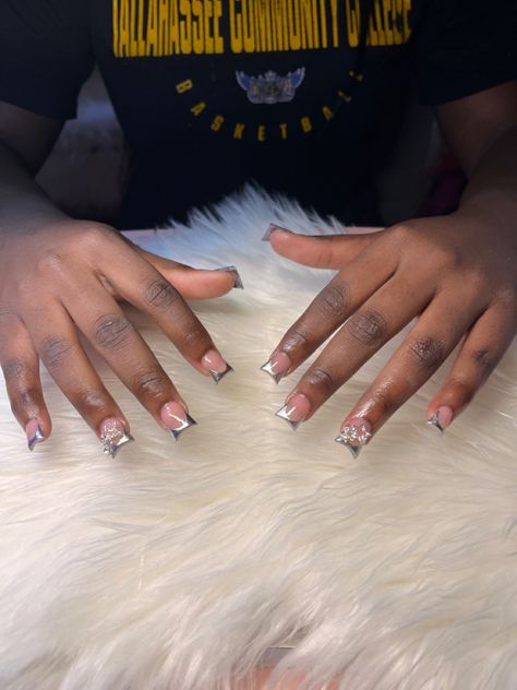 Chrome French tip duck nails Shortie Duck Nails, Color French Tip Nails Acrylic Short, Short Duck Nails Acrylic French Tip, Chrom Nails French, Simple Duck Nails Short, Short French Duck Nails, Junk French Tip Nails, Duck Short Nails, Chrome Acrylic Nails Designs