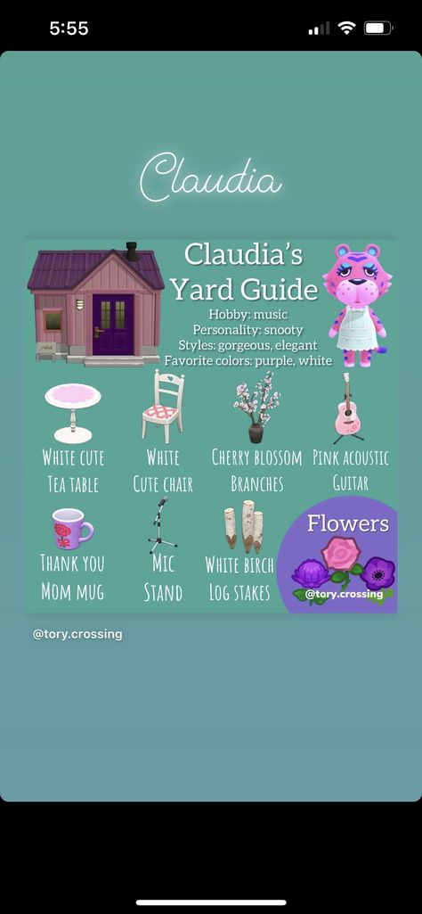 Claudia Animal Crossing, Acnh Villagers Yard Guide, Neighborhood Ideas, Acnh Villagers, White Cherry Blossom, Animal Crossing Characters, Acnh Inspo, Island Ideas, Table Flowers