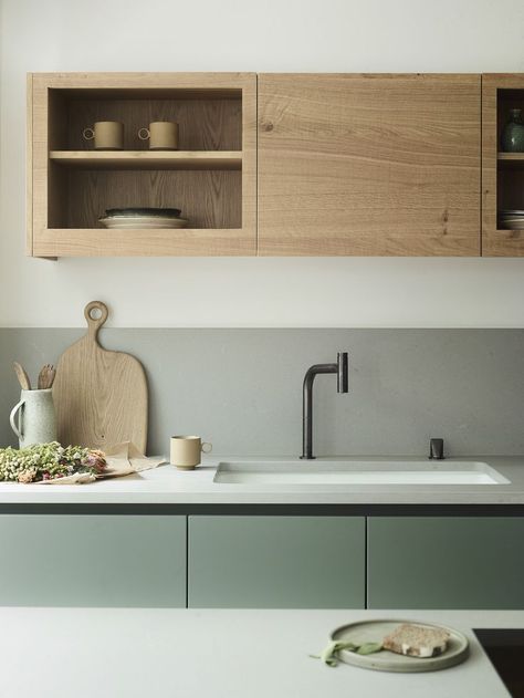 Olive Green White And Wood Kitchen, Textured Island Kitchen, Olive Green And Wood Kitchen Cabinets, Japandi Kitchen Sage Green, Japandi Kitchen Design Green, Green Timber Kitchen, Wood And Sage Kitchen, Green Scandinavian Kitchen, Scandinavian Green Kitchen