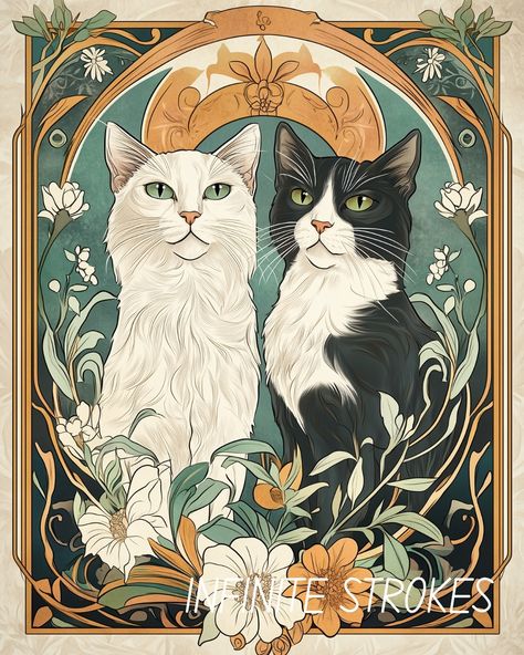 🐈‍⬛🌿 "A portrait of purrfection, where elegance meets feline charm." 🐾✨ These regal companions, surrounded by delicate floral patterns, embody both grace and mystery. This art nouveau-inspired piece captures the timeless beauty of our beloved cats, bringing a touch of classic art into the modern world. 🌸🎨 At Infinite Strokes, we turn everyday moments into artistic treasures, celebrating the quiet magic that pets bring to our lives. 🐱💛 ________________________________________ 🌼 Please like,... Art Nouveau Animals, Art Nouveau Cat, Art Deco Cat, Goth Home, Goth Home Decor, Everyday Moments, The Quiet, Flora And Fauna, Floral Patterns