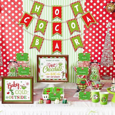 Amazon.com: Winter Hot Chocolate Bar Kit Hot Cocoa Bar Banner Christmas Red Green Hot Chocolate Bar Signs Baby It's Cold Outside Toppings Labels Cup Tags Stickers for Wintertime Holiday Baby Shower Birthday Party New Year Decorations : Health & Household Whoville First Birthday, Grinch Christmas Sleepover, Grinch Themed Christmas Party Decorations, Grinch Themed Christmas Party Games, 1st Birthday Grinch Theme, The One Who Stole Christmas Birthday, Baby Grinch Baby Shower Ideas, Baby Shower Grinch Theme, Shes A Mean One Grinch Birthday