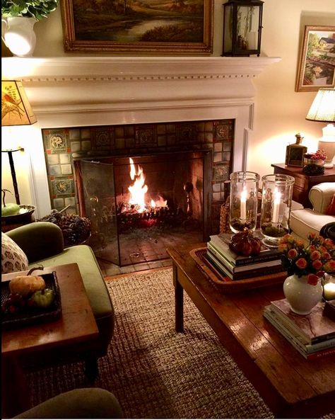 Table and rug ❤️ Wood Fire Living Room, Amazing Living Rooms, Fireplace Small Living Room, Textured Rug, Comfy Living Room, Nancy Meyers, Casa Vintage, Traditional Living, Velvet Chair