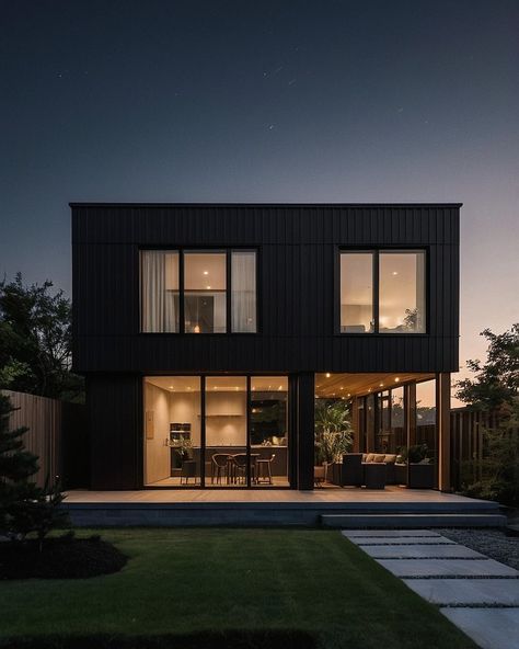 Be captivated by the allure of this stylish matte black factory-built small house at dusk 🏠🌌. Warm lights glow from within, creating a striking contrast with the sleek, textured exterior and large windows. The modern garden and twilight sky complete this luxurious architectural masterpiece 🌿✨. Did someone say 'dream house goals' or is it just me? 😍 #MatteBlack #ModernHome #SmallHouse #LuxuryLiving #ArchitecturalPhotography #ModernDesign #Dusk #WarmLighting #CleanLines #HighResolution #HomeI... Matte Black House, Minimalism House, Black Lifestyle, House Australia, Black Houses, Twilight Sky, Factory Building, Is It Just Me, House Architecture